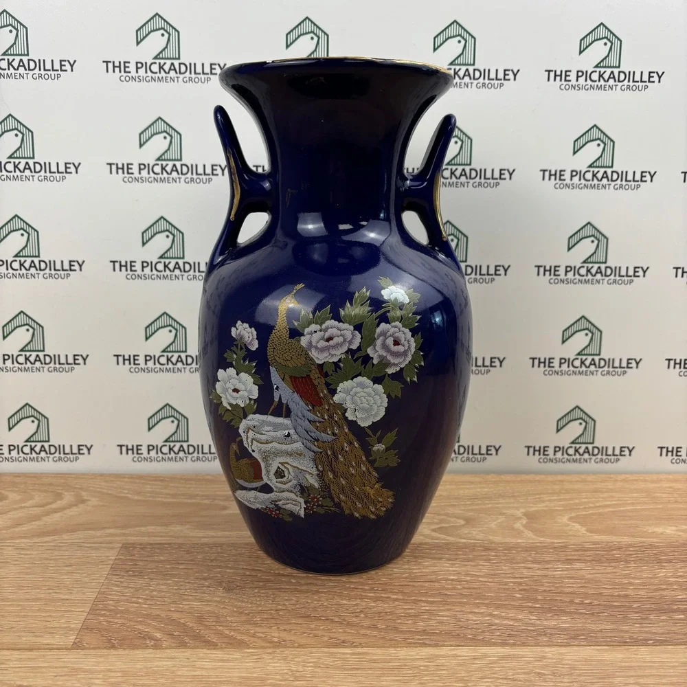 Cobalt Blue Peacock Floral Ceramic Vase Double Handle Gold Trim 10.5 Inch